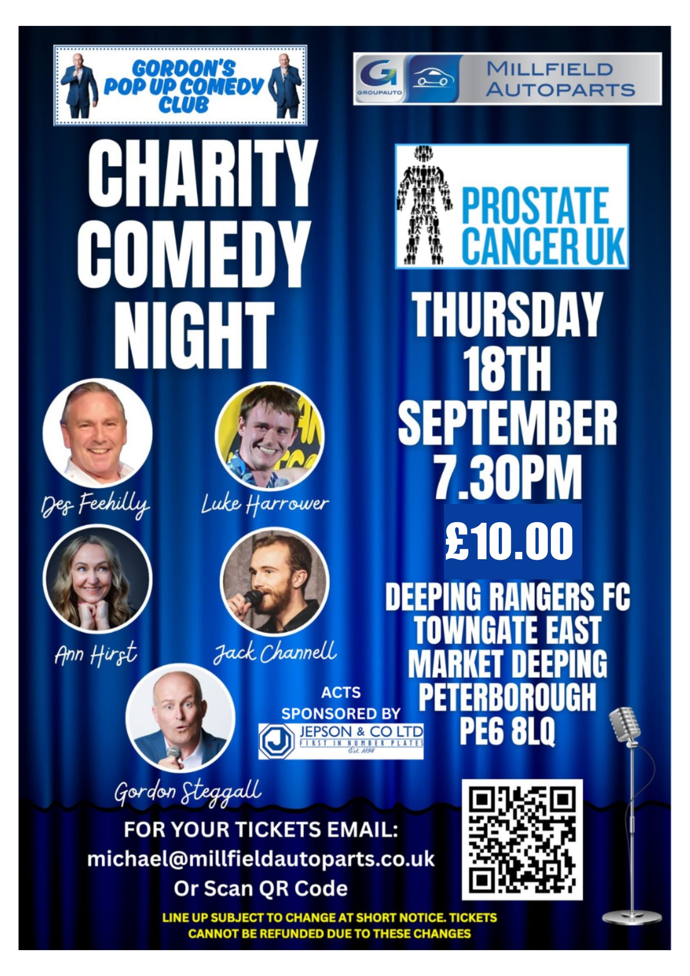 Charity Comedy Night promotional poster for 18 September 2025.