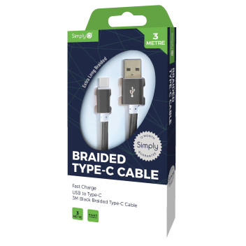 USB - TYPE C BRAIDED CABLE 3M BLACK